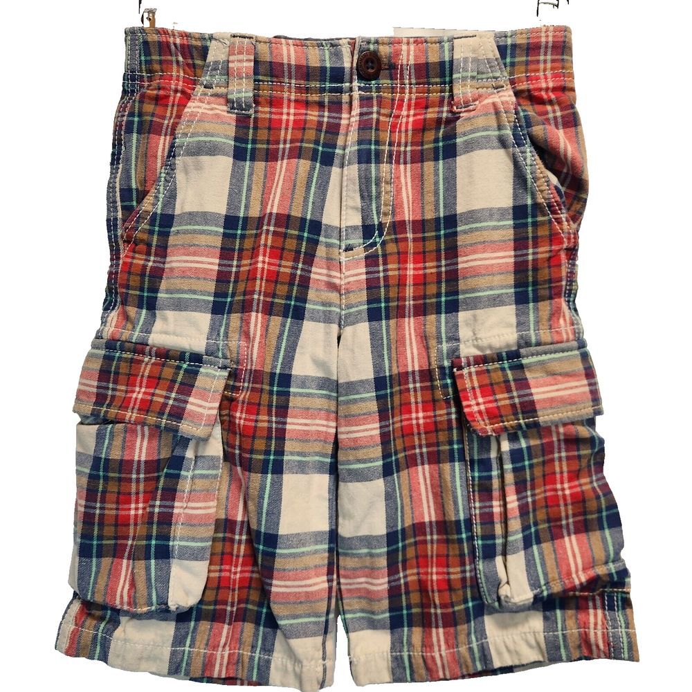 Mini Boden Boys Multicolored Plaid Cargo Shorts Size 8Y Adjustable Waist Cotton - Picture 1 of 7